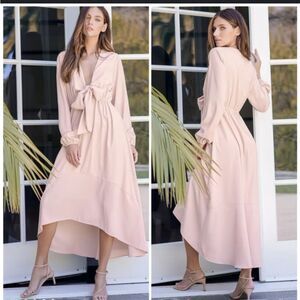Lulus Blush Pink Tie Front Long Sleeve Midi Dress Balloon Sleeve Size S